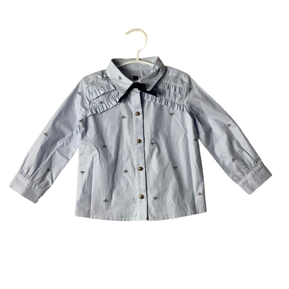 Janie and Jack Blouse Top Girl Sz 18-24 Months Blue Pinstripe Bee Print Bow NWT‎